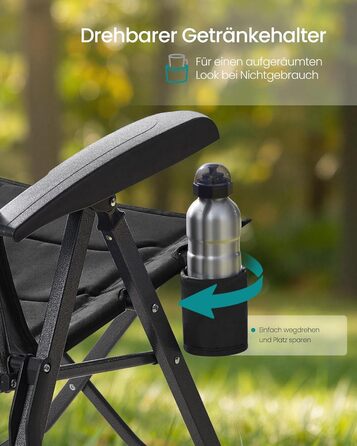 Складний туристичний стілець SONGMICS для відпочинку, риболовлі та кемпінгу, чорний, з регульованою спинкою 95°-150°