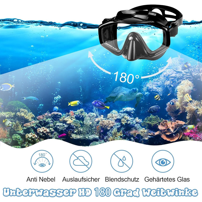 Набір для снорклінгу для дорослих: маска, трубка та ласти. Суха трубка, антизапітніюча маска з загартованого скла. Для плавання, снорклінгу та дайвінгу. Чорний колір