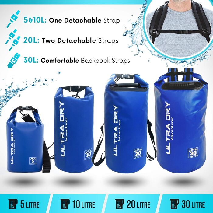 Водонепроникна сумка-мішок Ultra Dry Adventurer 5L з кишенею для телефону та регульованим плечовим ременем для каякінгу, риболовлі, кемпінгу (Блакитна)