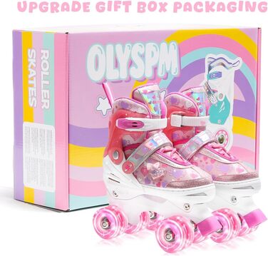 Роликові ковзани для дівчаток з блискучими сердечками та світлодіодними колесами, 4-разово регульовані, ролики для дітей-початківців, ідеальний подарунок на день народження або Різдво (S, Рожевий)