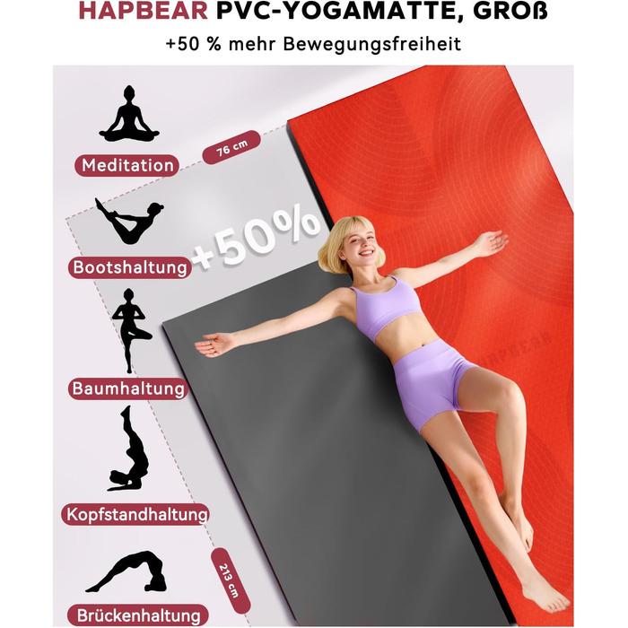 Йога мат HAPBEAR XXL: широка, спортивна, фітнес-мат з антиковзаючим покриттям 198x137 см / 183x116 см / 6 мм, надміцна, для пілатесу, тренажерного залу, дому, воркауту, зелена