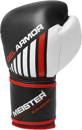Боксерські рукавички Meister Gel Armor 16oz для тренувань з натуральної шкіри, чорні/червоні/білі, дорослі, з сітчастою сумкою