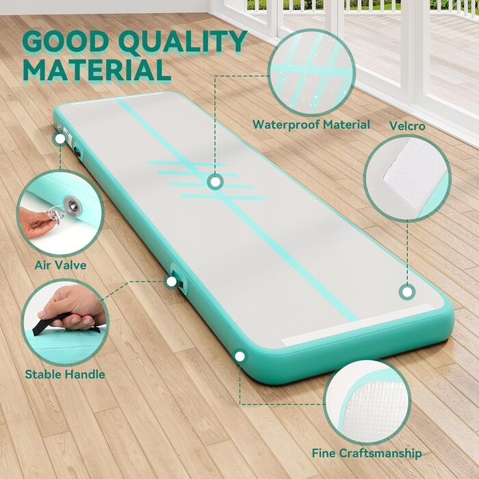 Мата для гімнастики DWVO Air Matte з повітряною помпою, 4м, з боковинами з карбону, зелена