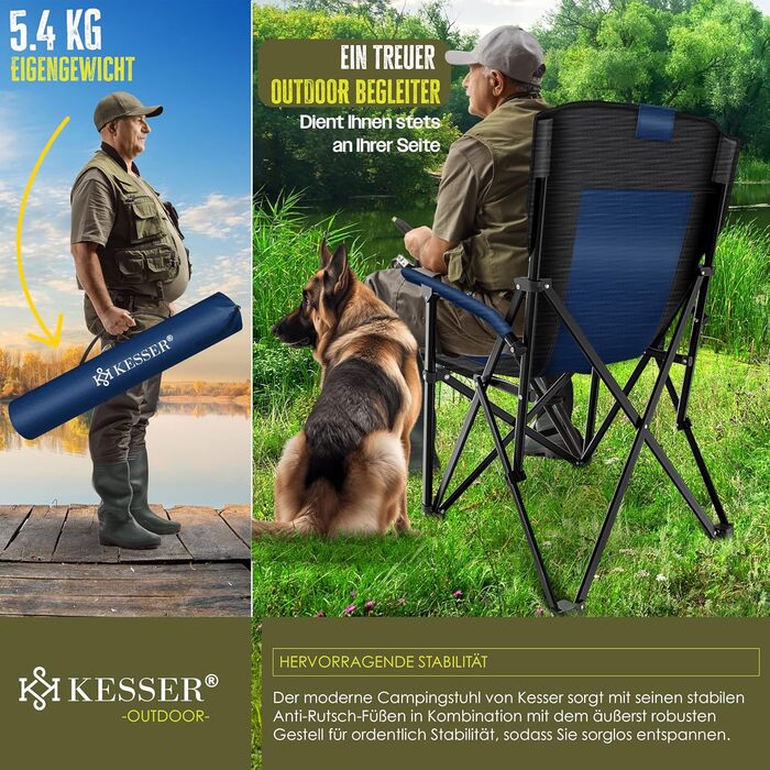 Крісло для кемпінгу KESSER® розкладне, 160 кг | Зручне рибальське крісло з підлокітниками, кишенею для напоїв та світлом | Для відпочинку на природі, пляжі, риболовлі | Navy Blue / Black