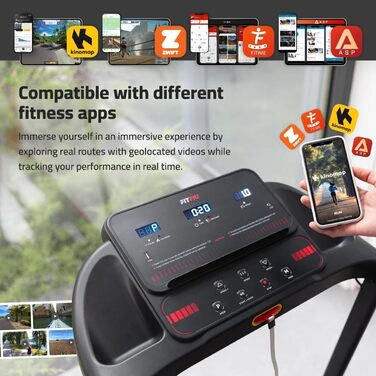 Біговий тренажер FITFIU MC-90 з мотором 2.0 HP, регулюванням швидкості до 14 км/год та нахилом 9%, з підключенням до Kinomap, Zwift та Fitime, динаміком та тримачем для планшета