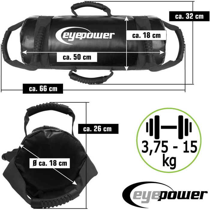 Мішок для тренувань EYEPOWER 15 кг з 4 гантелями (заповнений піском) - 6 ручок, для дому, фітнес, тренування пресу та спини, чорний 18x50 см