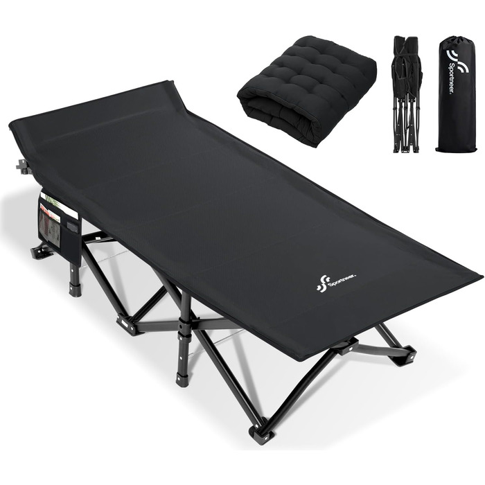 Розкладне ліжко Sportneer для кемпінгу та відпочинку: 200x81x47 см, чорне, з матрацом та сумкою для зберігання