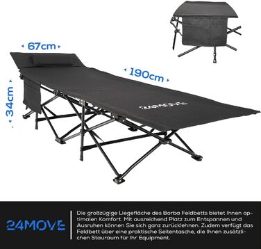 Розкладне ліжко 24MOVE® для кемпінгу та відпочинку на природі, 190x67x34 см, чорне