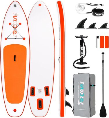 Надувний SUP-борд FunWater 320CM – комплект: весло, рюкзак, 3 ласти, насос, лінь – для початківців та досвідчених райдерів, 10'6, Orange/Weiß