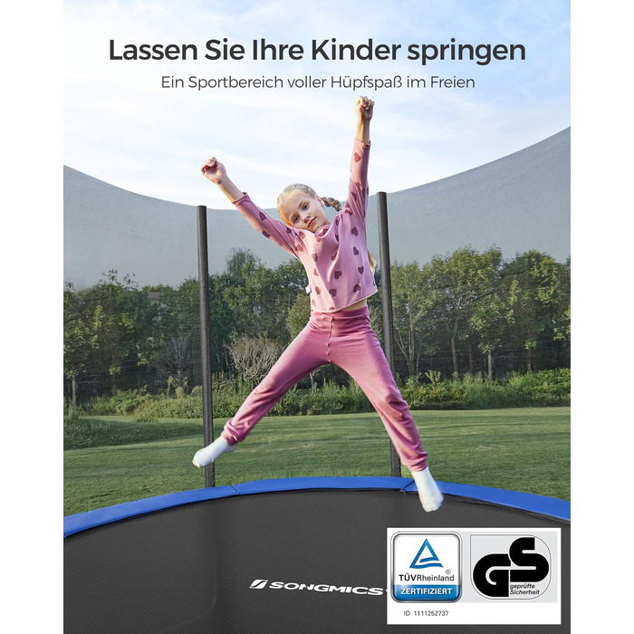 Батут SONGMICS Outdoor Ø 183/244/305/366/427 см, круглий, для саду, з захисним покриттям, сіткою, сходами та м'якими стійками. Кольори: блакитний