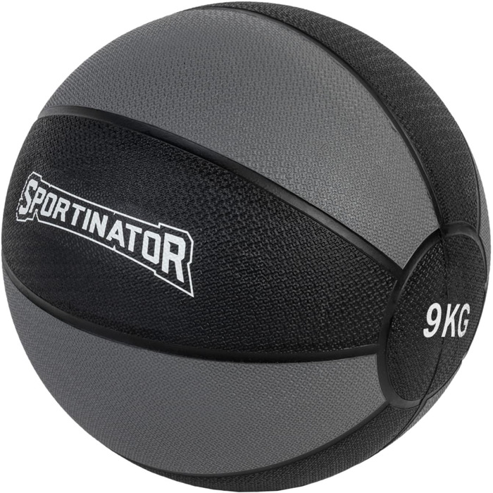 Медичний м'яч SPORTINATOR сірий/чорний, 9 кг, для силових і функціональних тренувань, з маркуванням ваги