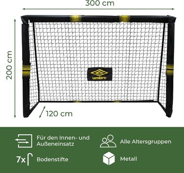Футбольні ворота Umbro 300x200x120 см, металеві, чорні/жовті, для саду, дітей і дорослих, для тренувань, для вулиці та приміщення