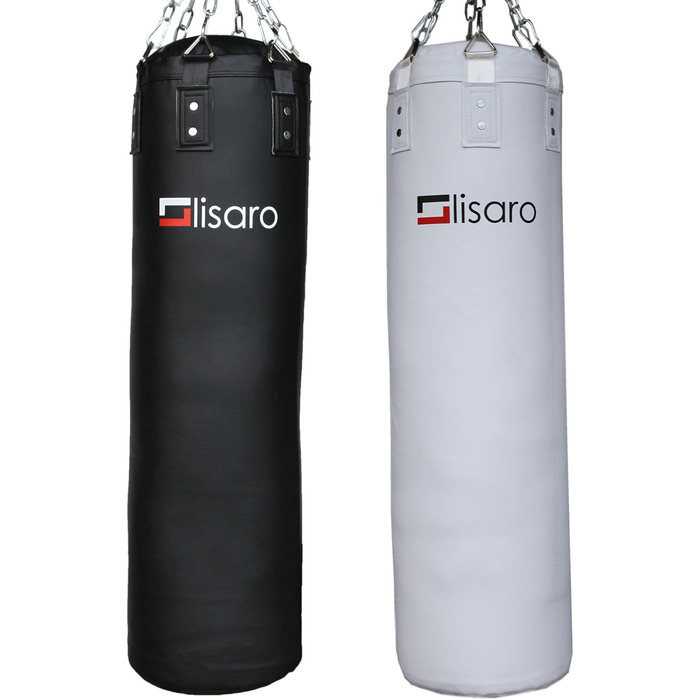 Боксерський мішок Lisaro Premium 120x35 см, 30 кг, наповнений/порожній, для боксу, MMA та єдиноборств, з 6-точковим сталевим ланцюгом, чорний/білий