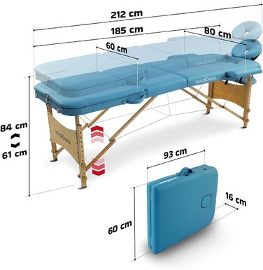 Мобільна масажна ліжка VENDOMNIA з дерев'яними ніжками, 3 зони, регулювання висоти, включаючи високоякісну підголівник, сумка, підлокітники, вибір кольору, складана, масажний стіл, масажне ліжко, ліжко для процедур, 3 зони, дерев'яний каркас, світло-блаки