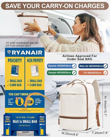 Рюкзак для ручної поклажі 40x20x25 см водонепроникний для Ryanair і EasyJet, під сидіння, дорожній рюкзак для літака, бежево-коричневий