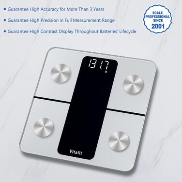 Ваги для вимірювання жиру та м'язової маси Vitafit з Bluetooth, аналіз складу тіла, додатком, індексом маси тіла, білками, BMR, сріблясті