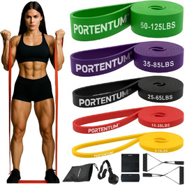 Набір еластичних стрічок для фітнесу Portentum – стрічки опору різних рівнів, ручки, фіксатори для дверей, захисні чохли та сумка – обладнання для дому, чоловіків та жінок – тренування м'язів, кросфіт, йога