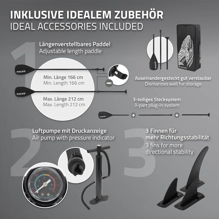 Надувна SUP-дошка ECD Germany Makani 320 см, до 150 кг, з регульованим алюмінієвим веслом і повним комплектом аксесуарів, різні кольори