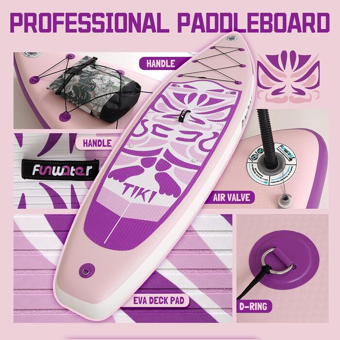 Надувний SUP-борд FunWater 10'6'-11'6' – ідеальний для початківців та сімей, з антиковзким EVA-деком, веслом, насосом та аксесуарами (10'6-TIKI LILA)