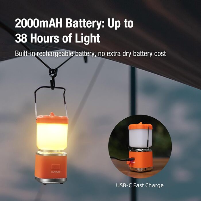 KLARUS CL8 Mini Camping-ліхтар: перезарядна LED-лампа з 5 режимами, водонепроникна IPX5, з гачком для намету, оранжева