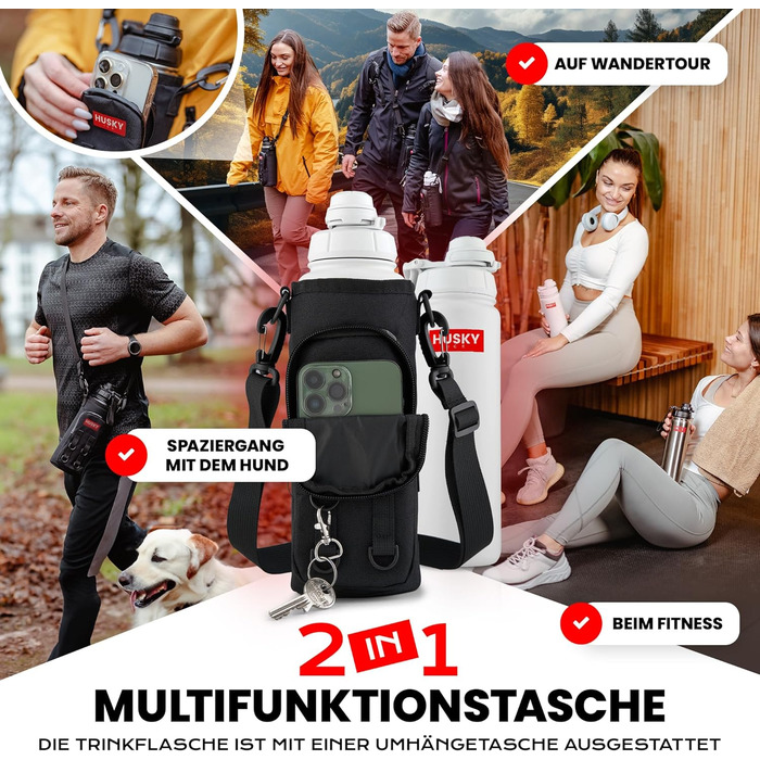 Термос HUSKY ICE 1.2 л із нержавіючої сталі, білий — пляшка для напоїв, подвійні стінки, термос, BPA-free, герметична, для спорту та активного відпочинку, з чохлом, підходить для миття в посудомийній машині