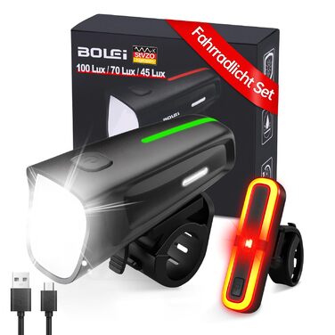 LED велосипедне освітлення: комплект 100 Lux, сертифікований StVZO, USB зарядка, водонепроникність IPX5, переднє та заднє світло з функцією гальмування