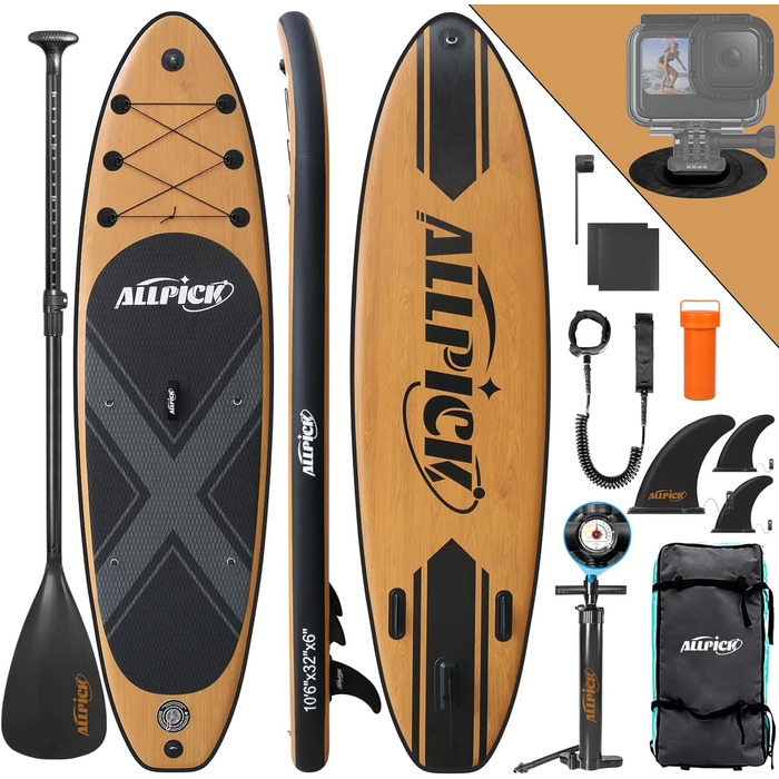 Надувна SUP-дошка ALLPICK Premium 320 см з аксесуарами, універсальним кріпленням для камери, деревне декор, для дітей і дорослих, для початківців і досвідчених, вантажопідйомність 150/180 кг