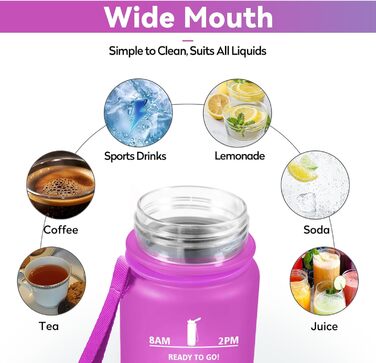 Спортивна пляшка 1л з маркуванням часу, фільтром, для води з газом, велосипеда, бігу, дорослих (1000 мл, Rosenfuchsien-cyan)