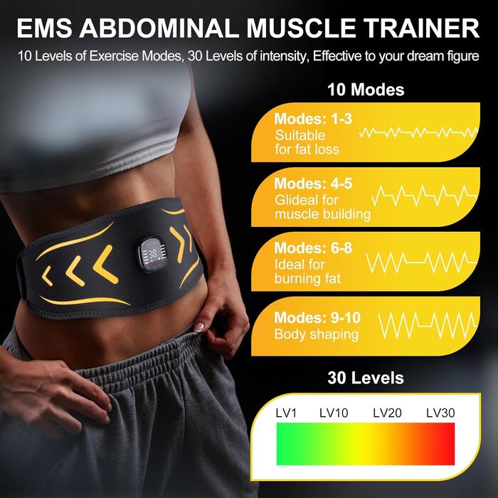 EMS тренажер для пресу, електричний, 10 режимів, 30 інтенсивностей, USB, портативний, жовтий