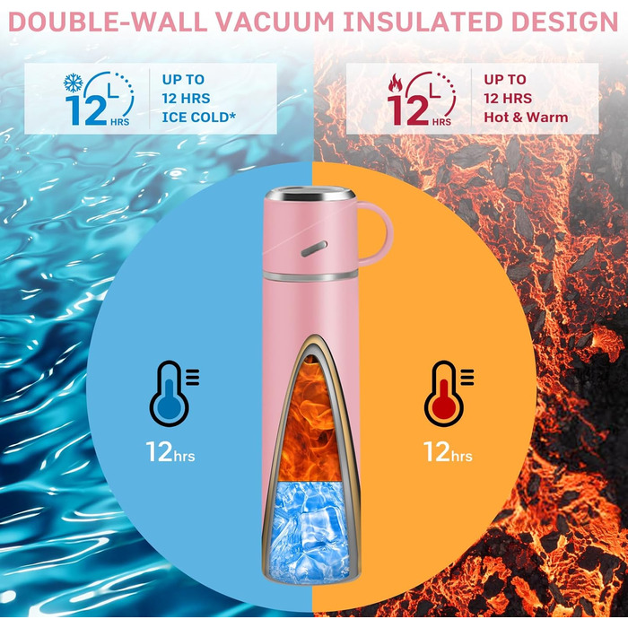 Термос IAGORYUE з нержавіючої сталі, 0,55 л, з герметичним кришкою та ручкою, подвійні стінки, зберігає тепло/холод до 12 годин, для спорту, офісу, відпочинку на природі (Рожевий)