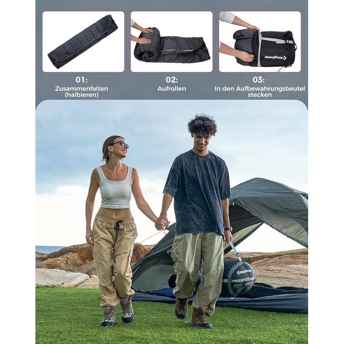 Сплячий мішок KingCamp для 2 осіб з фланелі, зимовий, 3-4 сезони, з подушками, для кемпінгу та відпочинку на природі (сірий)