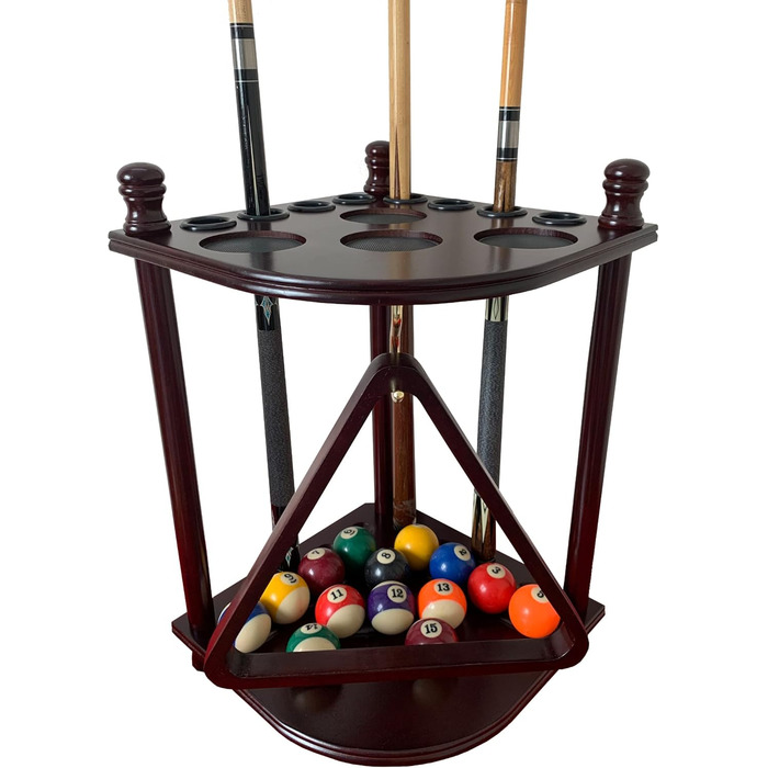 Стійка для більярдних київ GACCO BILLIARDS на 8 київ та аксесуари: кутовий тримач з масивного дерева, з тримачем для куль, з гачками (махагон)
