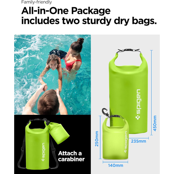 Набір водонепроникних сумок Spigen Dry Bag Set [Aqua Shield] (20L+21L) для пляжу, плавання, кемпінгу, каякінгу та човнів - Cactus Green