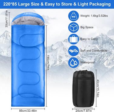 Сплячий мішок 3-4 сезони - 220 x 85 см, водонепроникний, легкий, для кемпінгу та подорожей