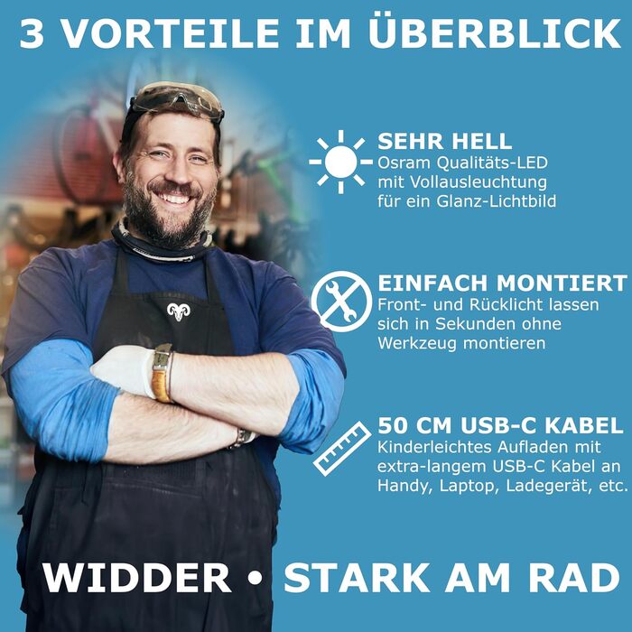 Велофара WIDDER: комплект передньої та задньої велофари LED 90 люмен, USB-C, StVZO, для дорослих/дітей