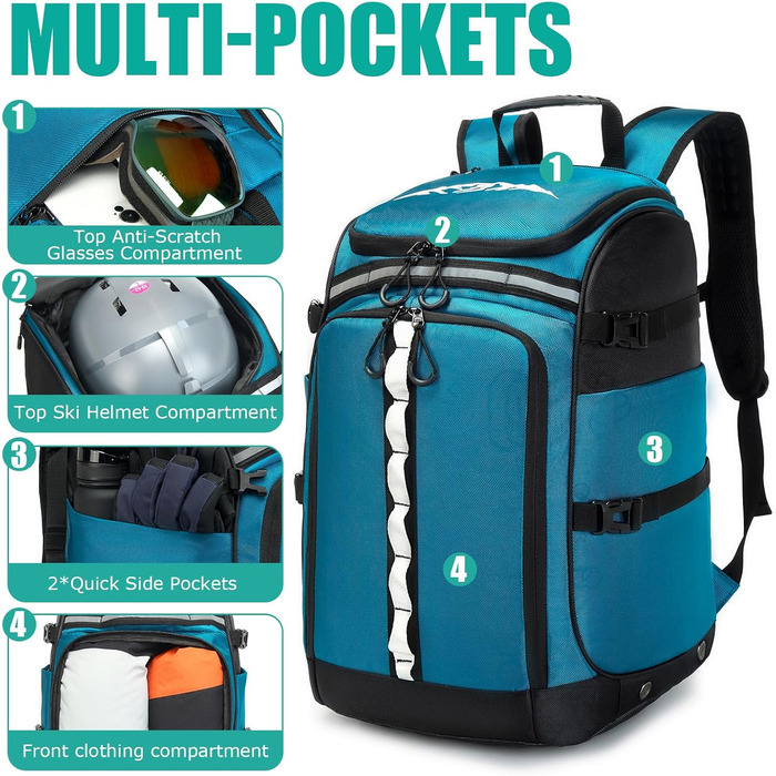 Чохол для лижних черевиків з відділенням для шолома, 65L, нейлон. Рюкзак для лиж, роликів, ковзанів (синій)