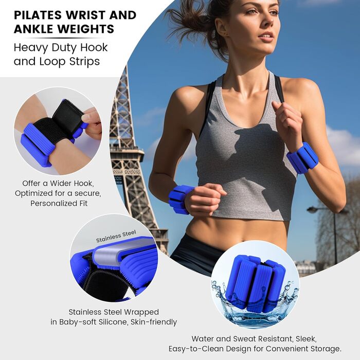Ваги для ніг та рук, регульовані | Набір 2 шт (1 кг пара, 0,5 кг кожний) | Силіконові ваги на зап'ястя для жінок | Йога, пілатес, танець, балет, біг, плавання, кардіо (блакитні)
