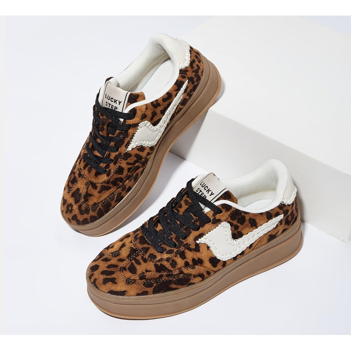 Жіночі кросівки на платформі LUCKY STEP – модні масивні кросівки, зручні шнурівки для повсякденного носіння та прогулянок з прошитими деталями. Чорно-білі (Коричневий леопард, 38 EU)