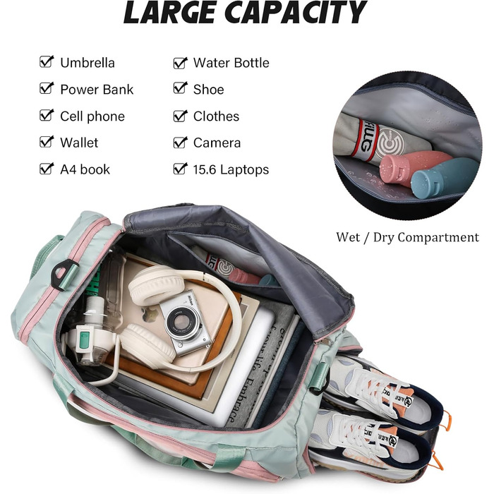 Спортивна сумка для жінок 45L з відділенням для взуття, мокрою сумкою, водонепроникна, для подорожей, спортзалу, басейну. Сумка-рюкзак для фітнесу, спорту, подорожей. Зелена/Рожева.
