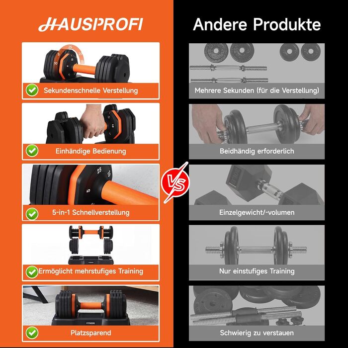 Регульовані гантелі HAUSPROFI 5 в 1 (11 кг), набір розбірних гантелей зі швидким налаштуванням та протиковзаючим покриттям для дому та спортзалу
