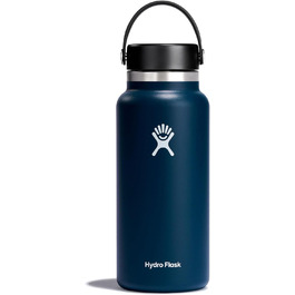 Термобутилка HYDRO FLASK 946 мл з нержавіючої сталі, ізольована спортивна пляшка з герметичною кришкою Flex Cap, ремінцем, для води, синя (Indigo), підходить для посудомийної машини