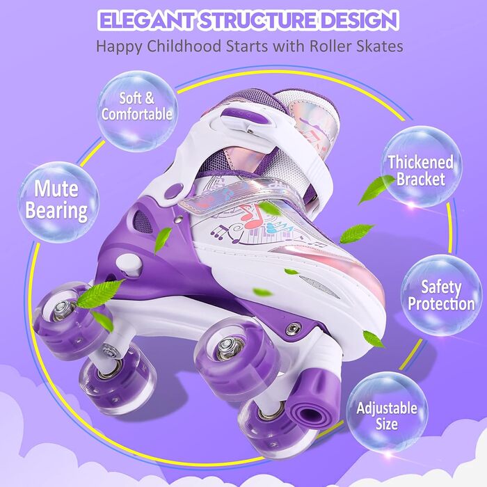 Дитячі ролики Hikole, регульовані, 4 колеса, світлові ефекти, для початківців, фіолетові