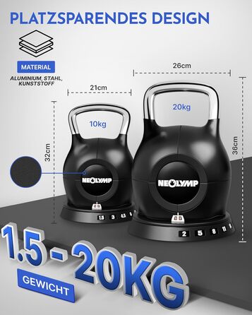 Набір гантелей-гир Кетелбел Neolymp 2-20 кг - 7-в-1, регульовані, для домашніх тренувань, з нержавіючою ручкою