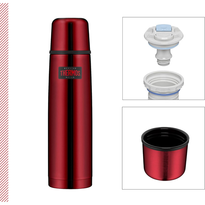 Термос для напоїв Thermos Light & Compact 1 л, нержавіюча сталь, червоний, ізольована пляшка з кришкою-чашкою, зберігає тепло/холод 24 години, герметична, BPA-free, можна мити в посудомийній машині