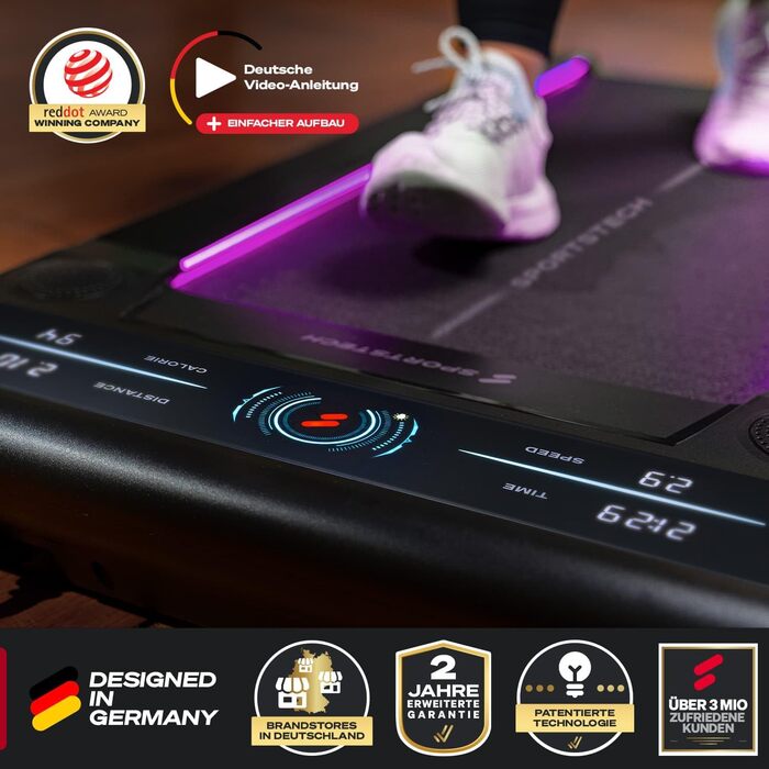Біговий тренажер Sportstech для дому, ходьбовий килимок, 1-8 км/год, тренажер під стіл, нахил 11,5%, тихий, з підключенням до додатку, вантажопідйомність 120 кг, компактний, LCD дисплей, для дому, sWalk сірий