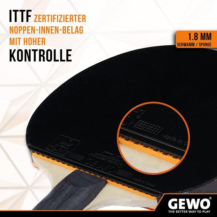 GEWO CS Energy Control – тенісна ракетка для настільного тенісу, ITTF, з контрольованим покриттям і високою обертальністю, 1,8 мм губка, червоно-чорна, ергономічна (конкава) ручка