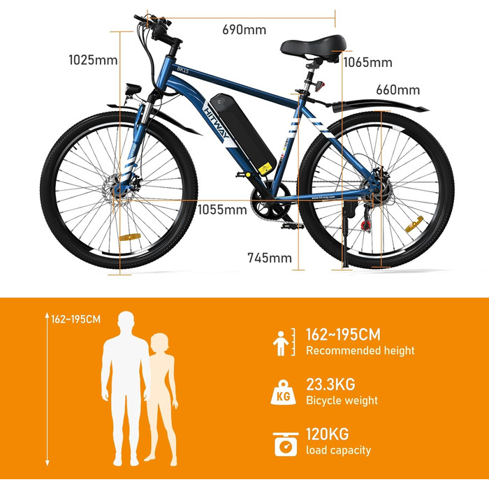 Електровелосипед HITWAY 26'' для міста і бездоріжжя, 250W мотор, 36V 12Ah знімна батарея, 7 швидкостей, пробіг до 90 км, сертифікат StVZO