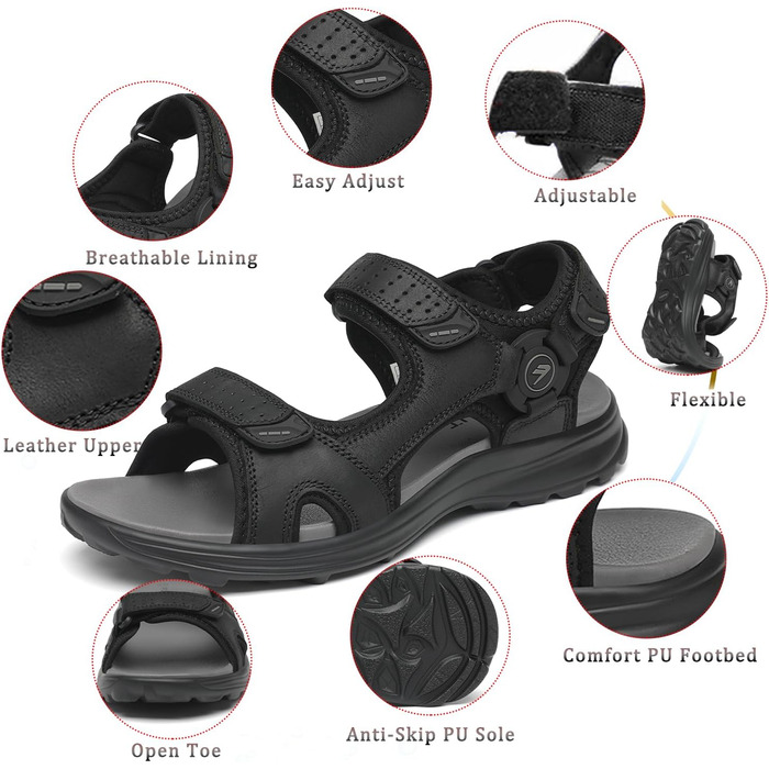 Чоловічі сандалі FLARUT для трекінгу та активного відпочинку, шкіра, відкритий носок, чорні, 44 EU