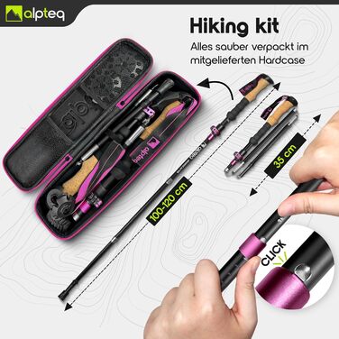 Тrekking-стійки для ходьби та гірських прогулянок: карбонові та алюмінієві, з ручками з корку | Дамські та чоловічі | Телескопічні, регульовані (алюміній 100-120 см, рожевий)