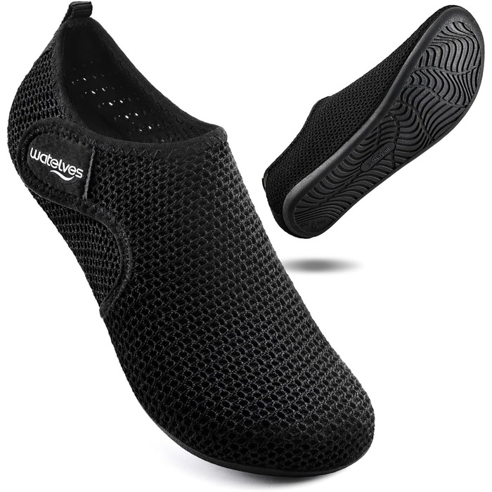 Водні черевики WateLves для плавання та відпочинку: басейн, пляж, дайвінг, серфінг. Чоловічі та жіночі, чорні, 42 EU